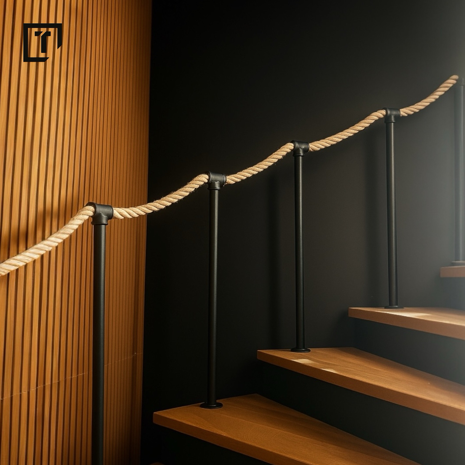 Poręcz lina jutowa balustrada na zewnątrz | Stair hand rail Bannister, jute handrail, Treppengeländer | Pipe balustrade | outdoor balustrade - obrazek 2