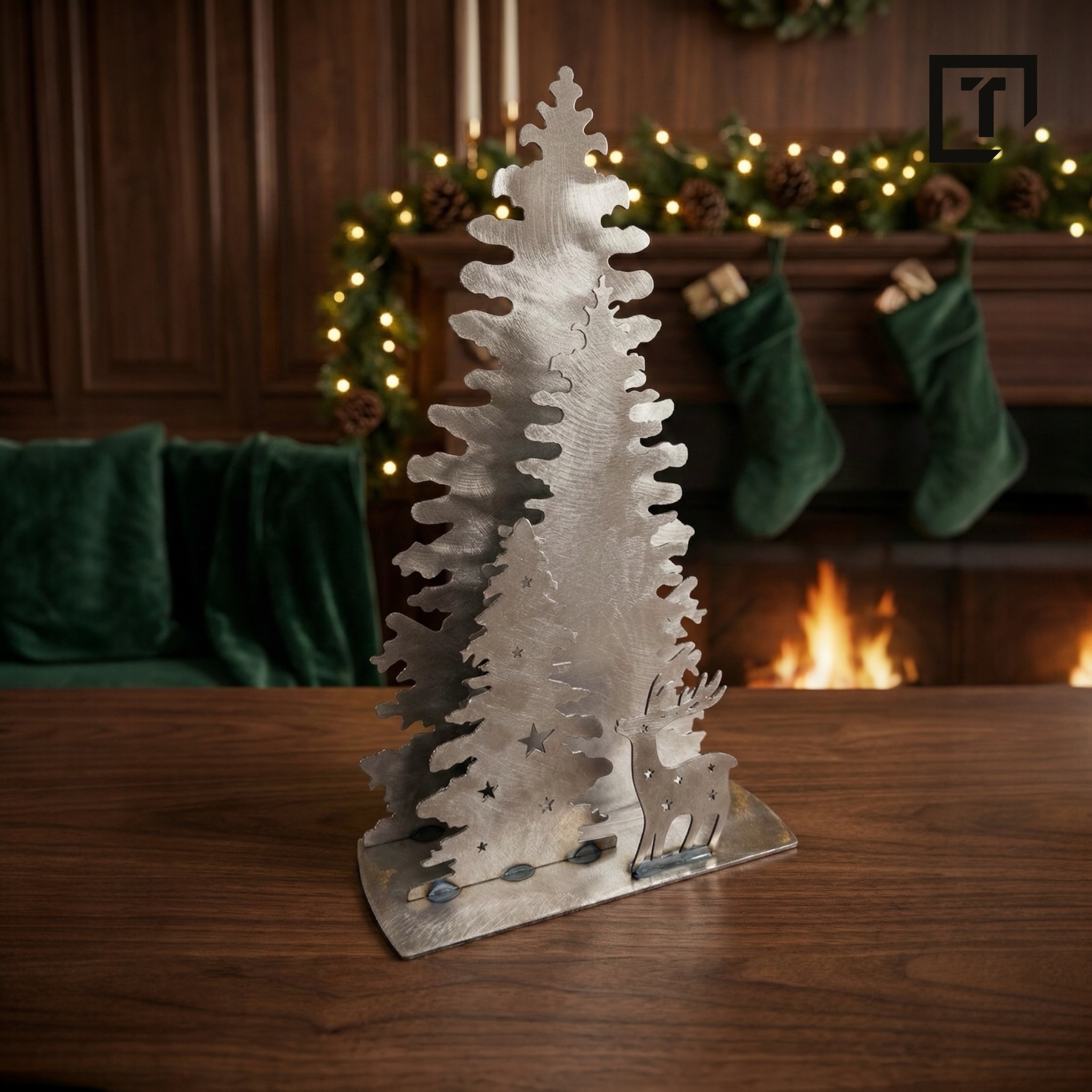 Metalowa choinka z reniferem - Industrialna stalowa dekoracja świąteczna - Zimowa dekoracja stołu z gwiazdami - obrazek 5