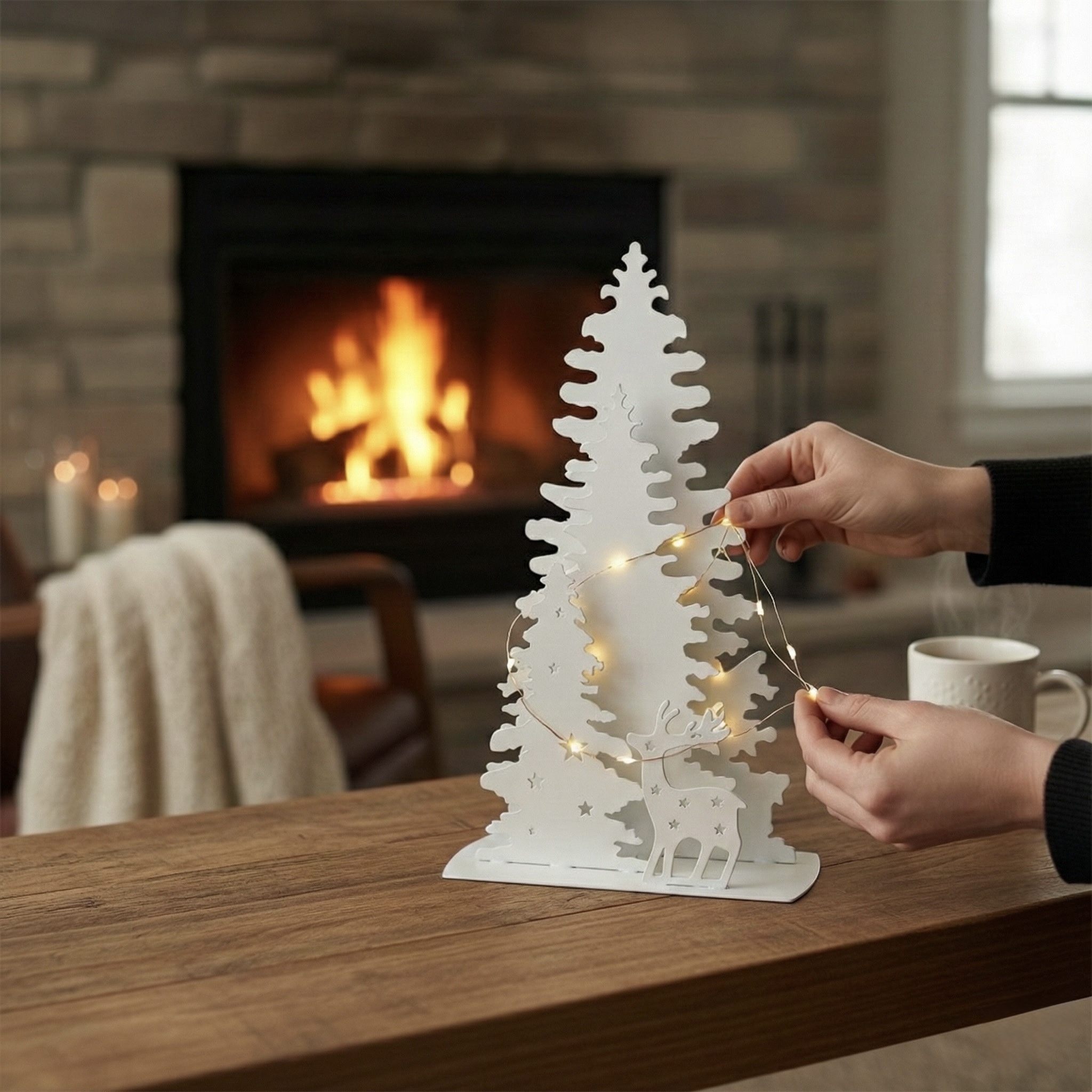 Metalowa choinka z reniferem - Industrialna stalowa dekoracja świąteczna - Zimowa dekoracja stołu z gwiazdami - obrazek 4